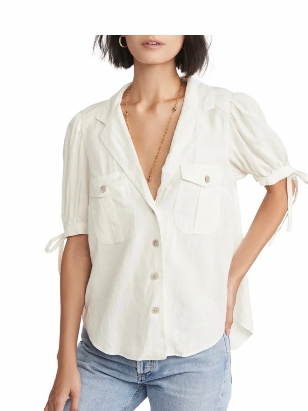 Free People Cream Button-Front Puff Sleeve Shirt